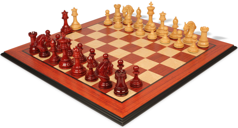 Hengroen Staunton Chess Set Padauk & Boxwood Pieces with Padauk Molded Edge Board - 4.6" King