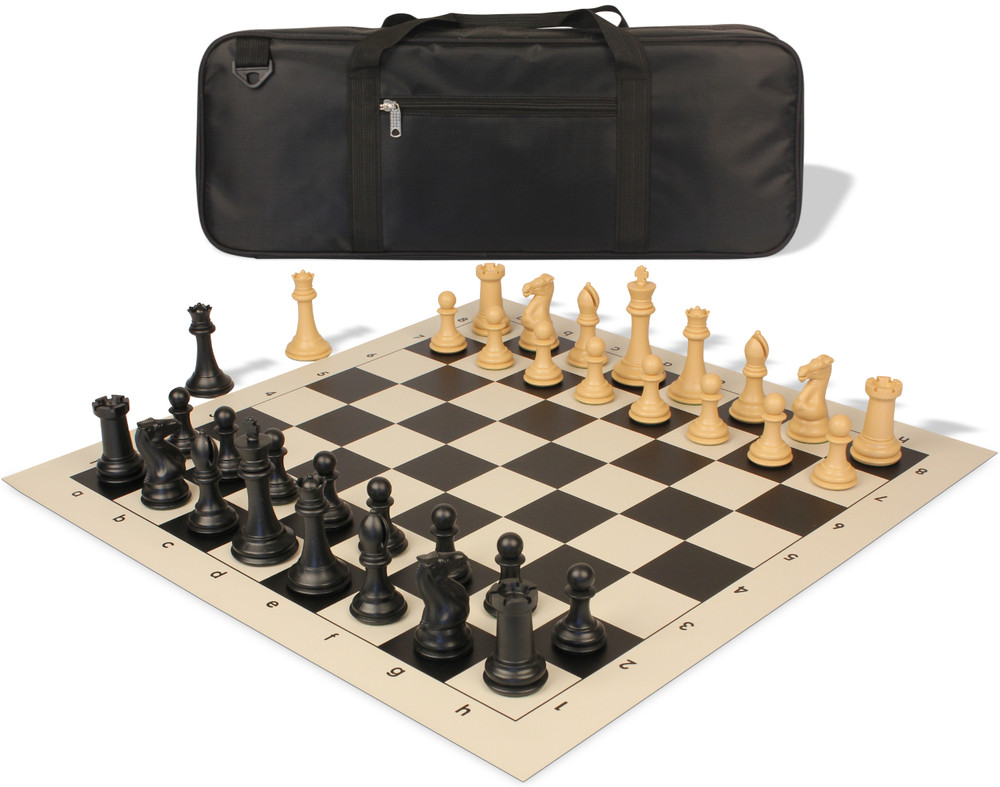 Professional Deluxe Carry-All Plastic Chess Set Black & Camel Pieces with Vinyl Roll-up Board & Bag – Black