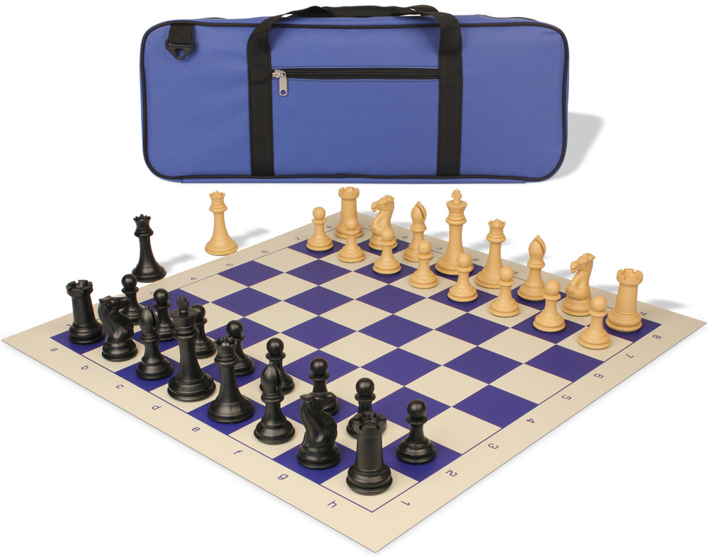 Professional Deluxe Carry-All Plastic Chess Set Black & Camel Pieces with Vinyl Roll-up Board & Bag – Blue