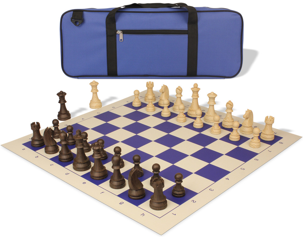 German Knight Deluxe Carry-All Plastic Chess Set Wood Grain Pieces with Vinyl Roll-up Board & Bag – Blue