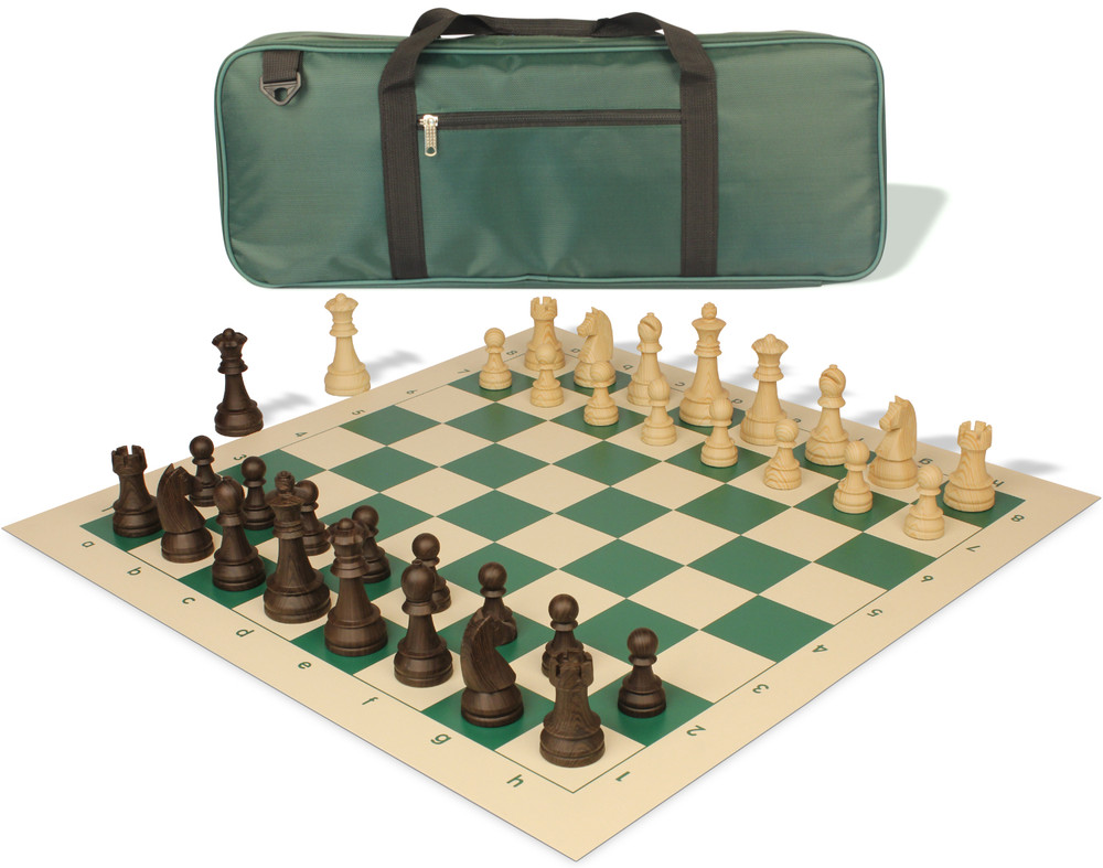 German Knight Deluxe Carry-All Plastic Chess Set Wood Grain Pieces with Vinyl Roll-up Board & Bag – Green