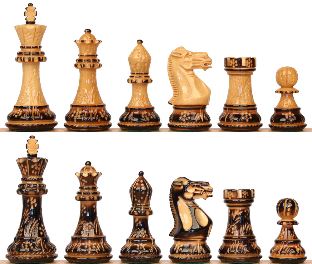 Parker Staunton Chess Set Burnt Boxwood Pieces with Black & Bird's