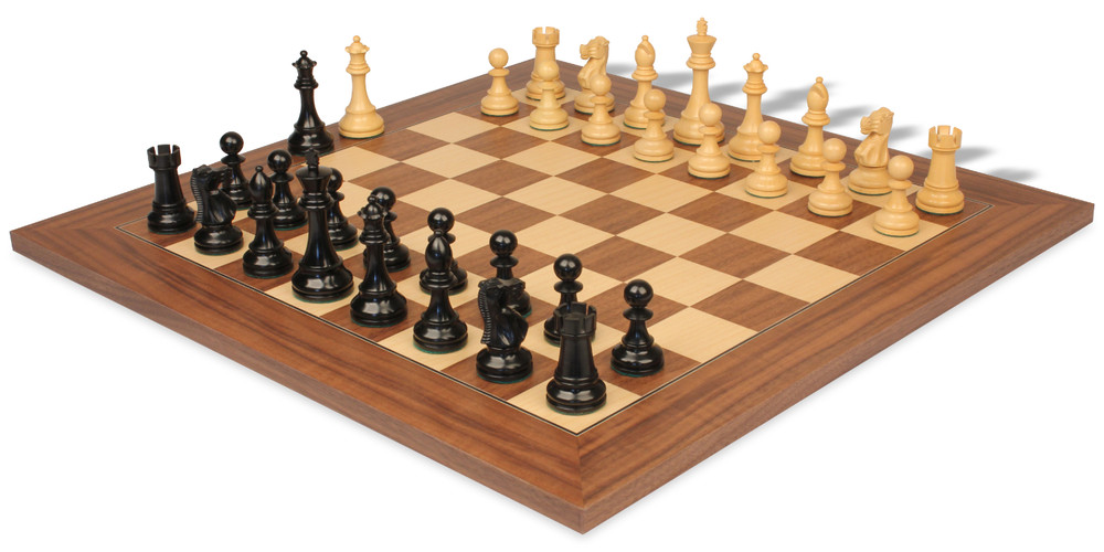 British Staunton Chess Set Ebonized & Boxwood Pieces with Walnut & Maple Deluxe Board - 4" King