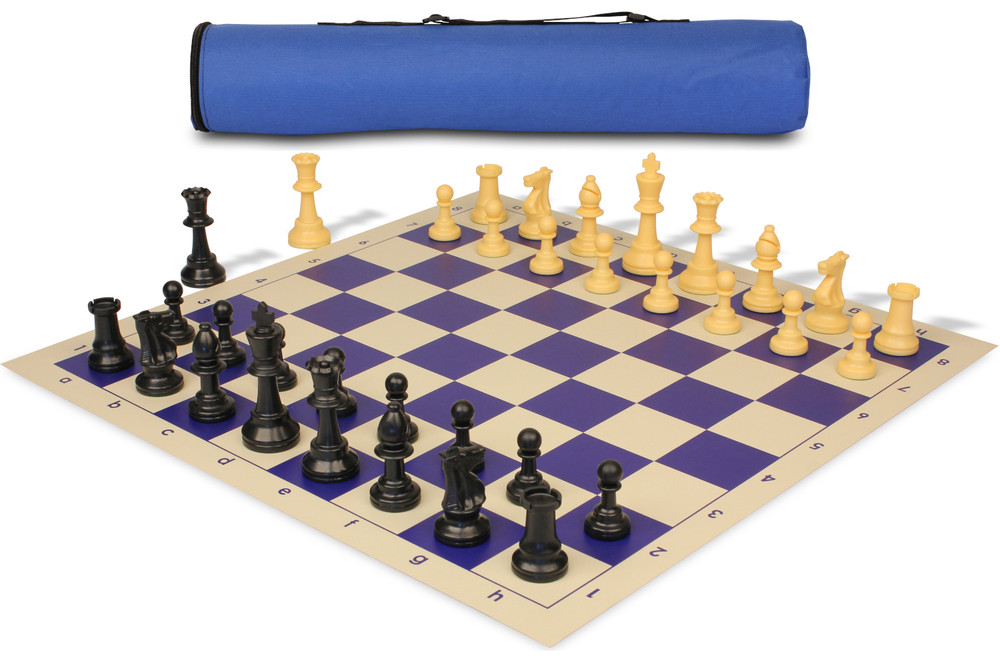 Archer's Bag Standard Club Triple Weighted Plastic Chess Set Black & Camel Pieces - Blue
