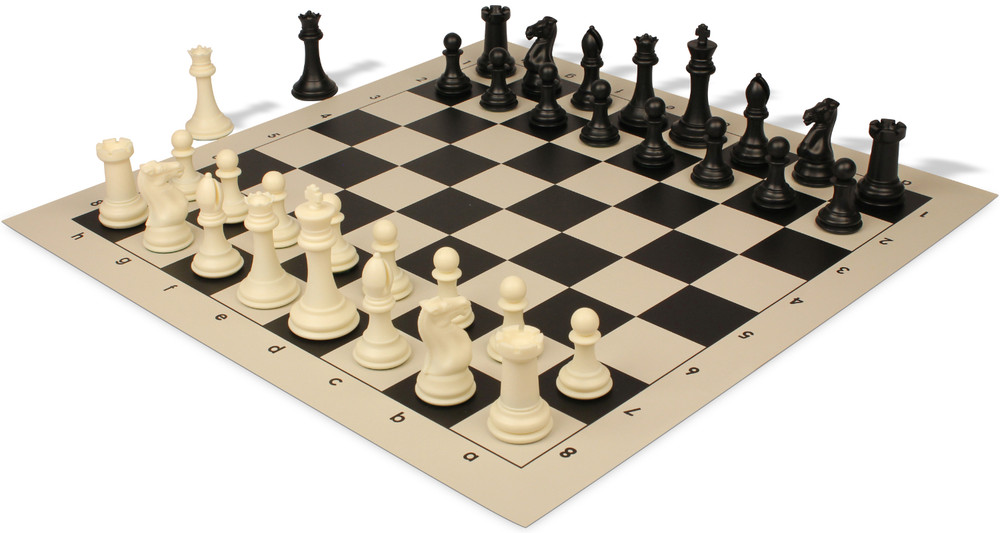 Professional Plastic Chess Set Black & Ivory Pieces with Vinyl Rollup Board – Black