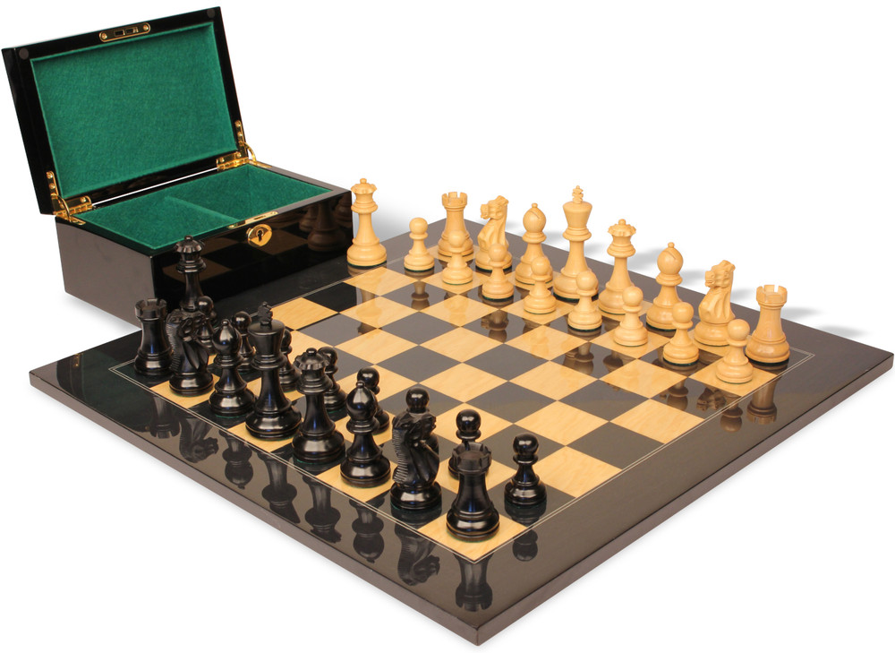 Parker Staunton Chess Set Ebonized & Boxwood Pieces with Black Ash Burl Board & Box - 3.75" King