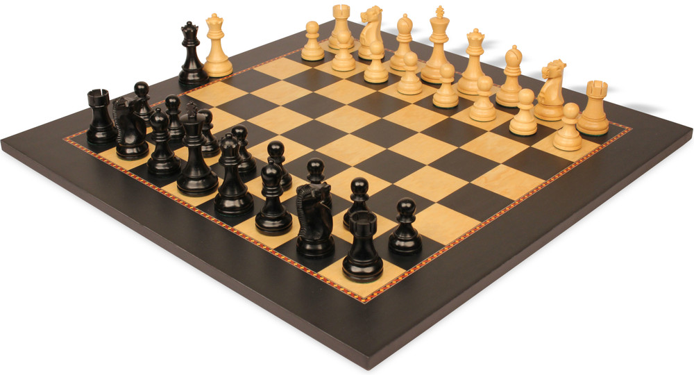 Fischer-Spassky Commemorative Chess Set Ebony & Boxwood Pieces with The Queen's Gambit Chess Board - 3.75" King