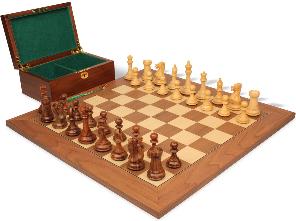 New Exclusive Staunton Chess Set Golden Rosewood & Boxwood Pieces with Walnut & Maple Deluxe Board & Box - 4" King