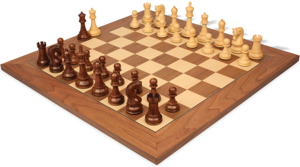 Leningrad Series Chess Set Golden Rosewood & Boxwood Pieces with Walnut & Maple Deluxe Board - 4" King
