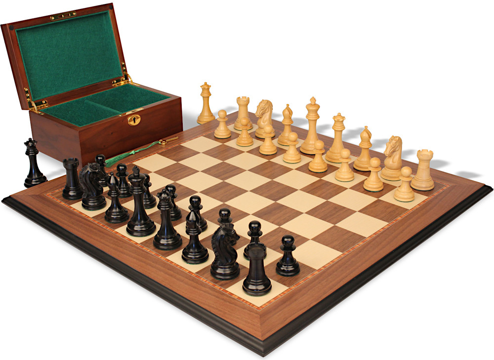 Luxury Ebony & Maple Chess Pieces with Wooden Chess Box and Flat Chess Board  - Henry Chess Sets