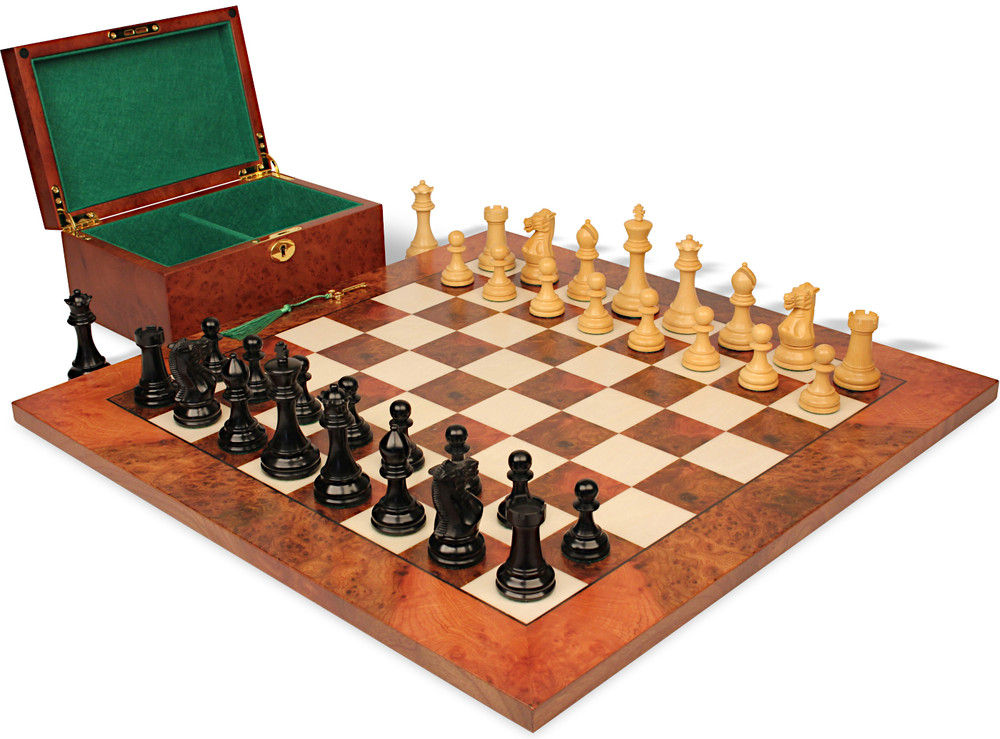 Old English Classic Chess Set Ebony & Boxwood Pieces with Elm Burl