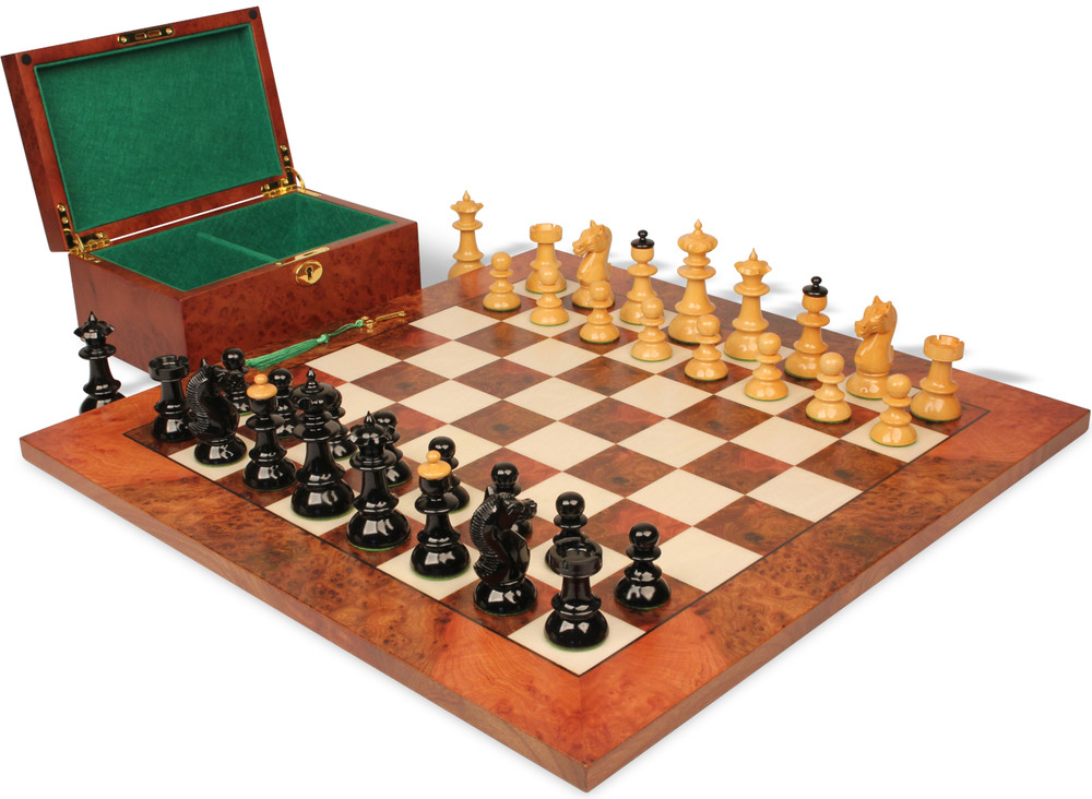Vienna Coffee House Antique Reproduction Chess Set High Gloss Black & Boxwood Pieces with Elm Burl & Erable Board & Box - 4" King