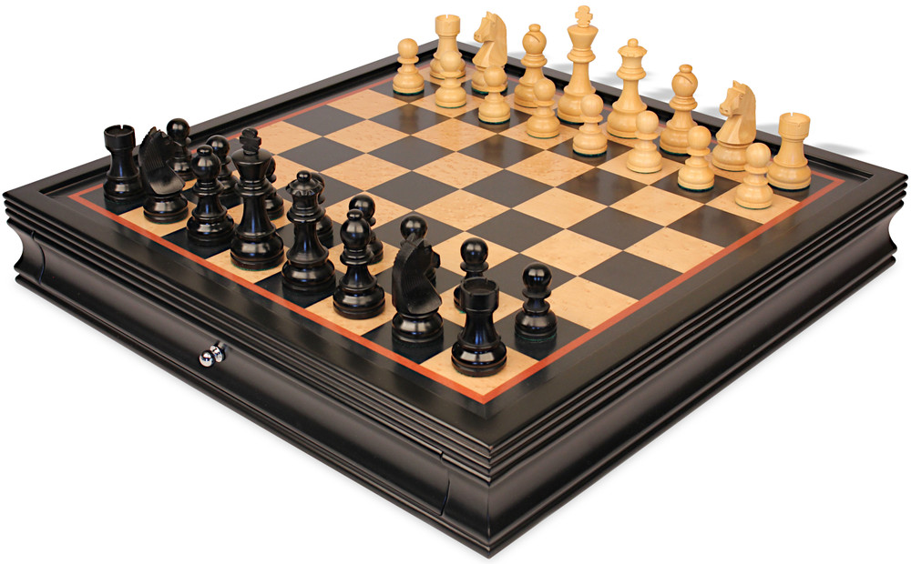 Chess Set - Black French Knight Pieces on Black and Birdseye Maple Ven –  WorldWise Imports