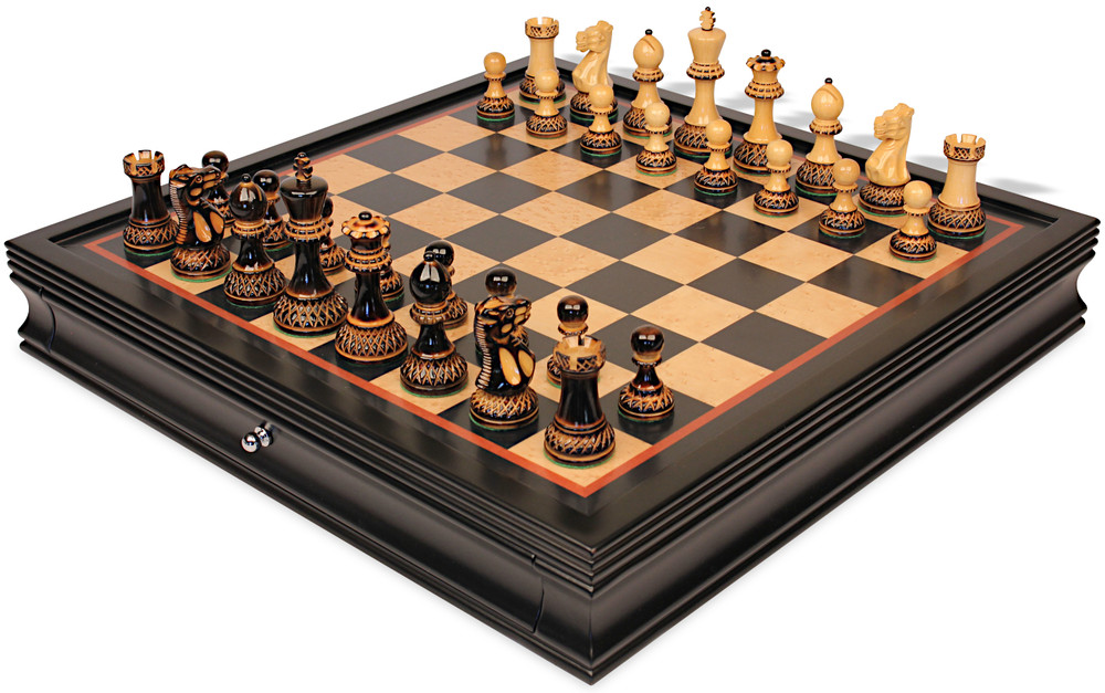 Large Poseidon Theme Chess Set Brass & Nickel Pieces with Red Board on Case  - The Chess Store