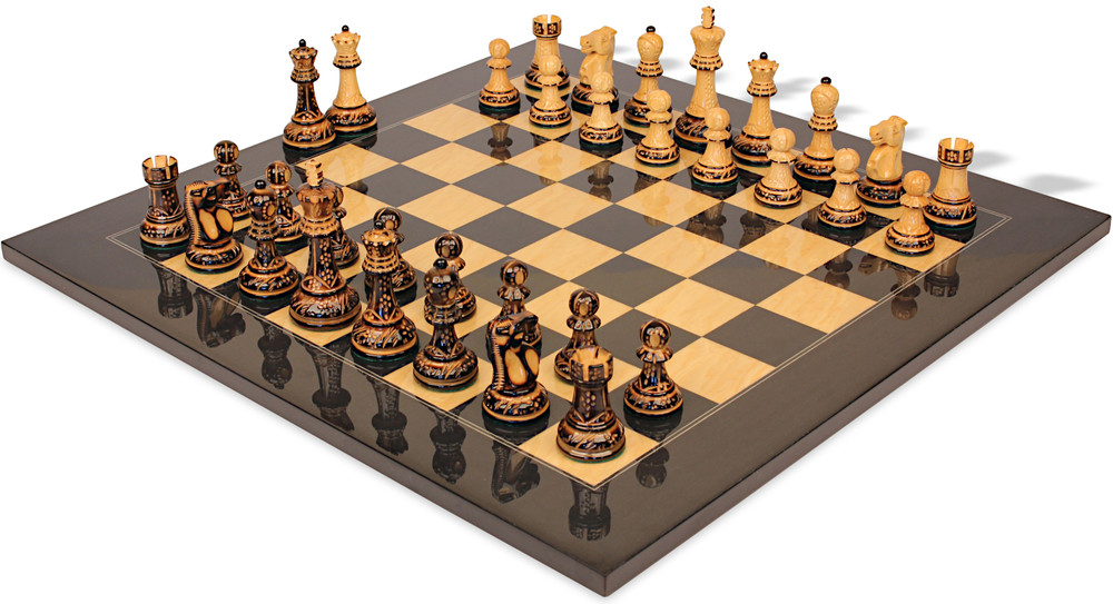 Reykjavik Series Chess Set Burnt Boxwood Pieces with Black & Ash Burl Board - 3.75" King