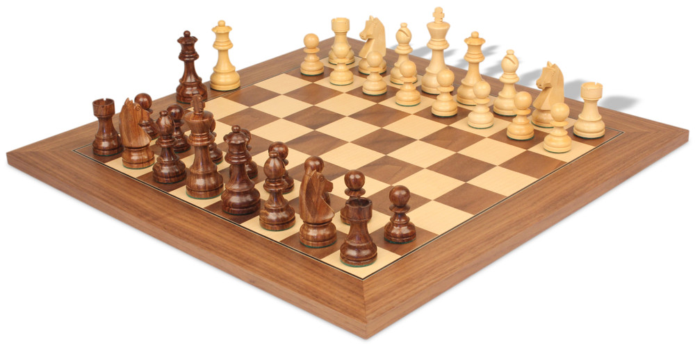 The Queen's Gambit Chess Set Golden Rosewood & Boxwood Pieces with Deluxe Walnut & Maple Board - 3.75" King