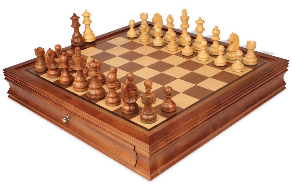 Queen's Gambit Chess Set Golden Rosewood & Boxwood Pieces with Deluxe Two-Drawer Walnut Case - 3.75" King