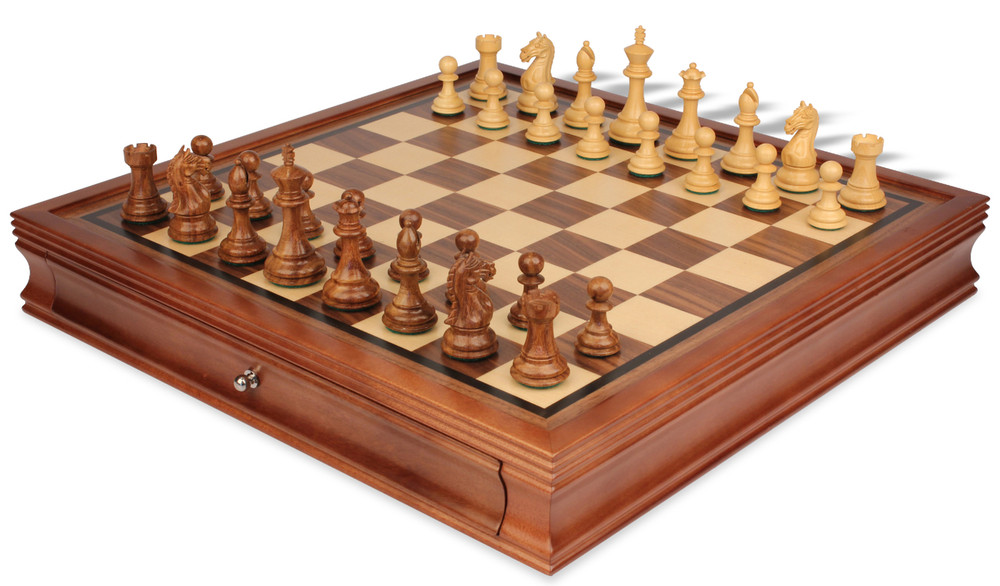 Fierce Knight Staunton Chess Set Golden Rosewood & Boxwood Pieces with Walnut Chess Case - 3.5" King