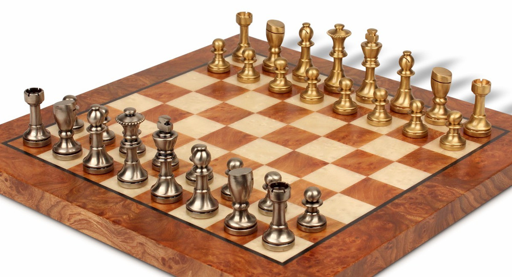 Abstract Staunton Solid Brass Chess Set with Elm Burl Chess Board