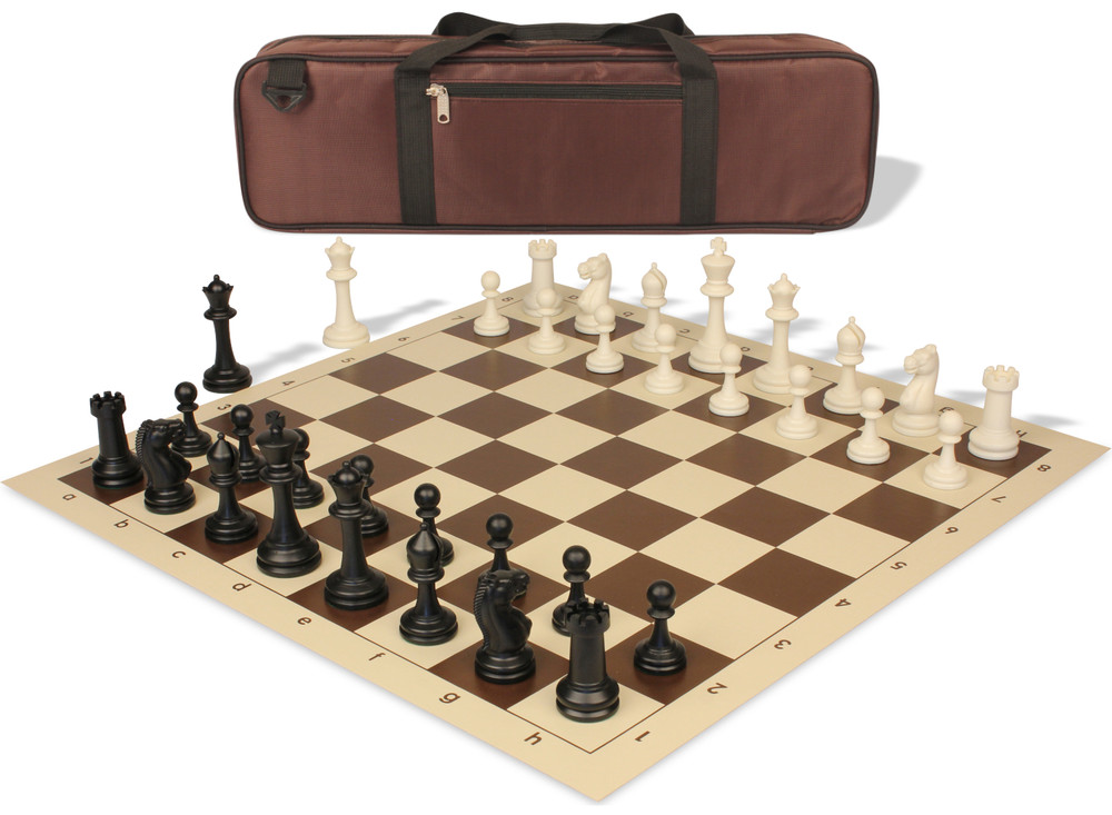Master Series Carry-All Plastic Chess Set Black & Ivory Pieces with Vinyl Rollup Board - Brown