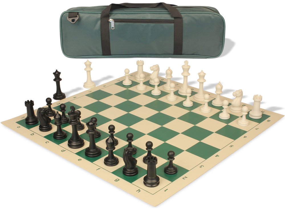 Master Series Carry-All Plastic Chess Set Black & Ivory Pieces with Vinyl Rollup Board - Green