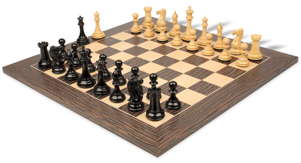 New Exclusive Staunton Chess Set Ebony & Boxwood Pieces with Deluxe Tiger Ebony & Maple Board - 3.5" King