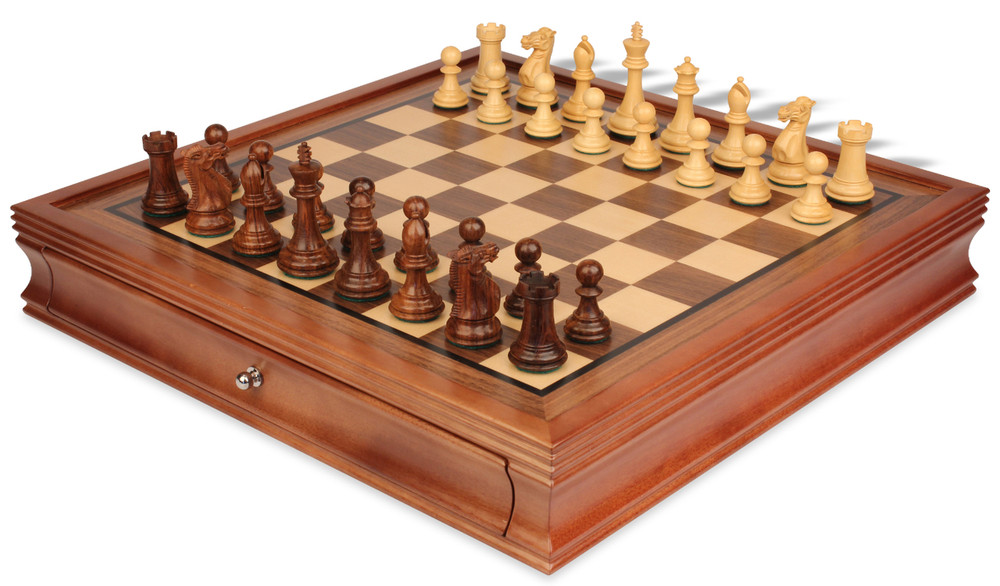 New Exclusive Staunton Chess Set Golden Rosewood & Boxwood Pieces with Walnut Chess Case - 3" King