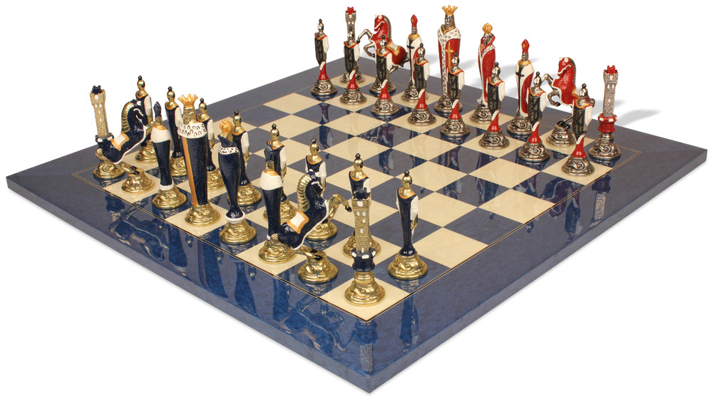 Renaissance Theme Hand Painted Metal Chess Set with Blue Ash Burl Chess Board