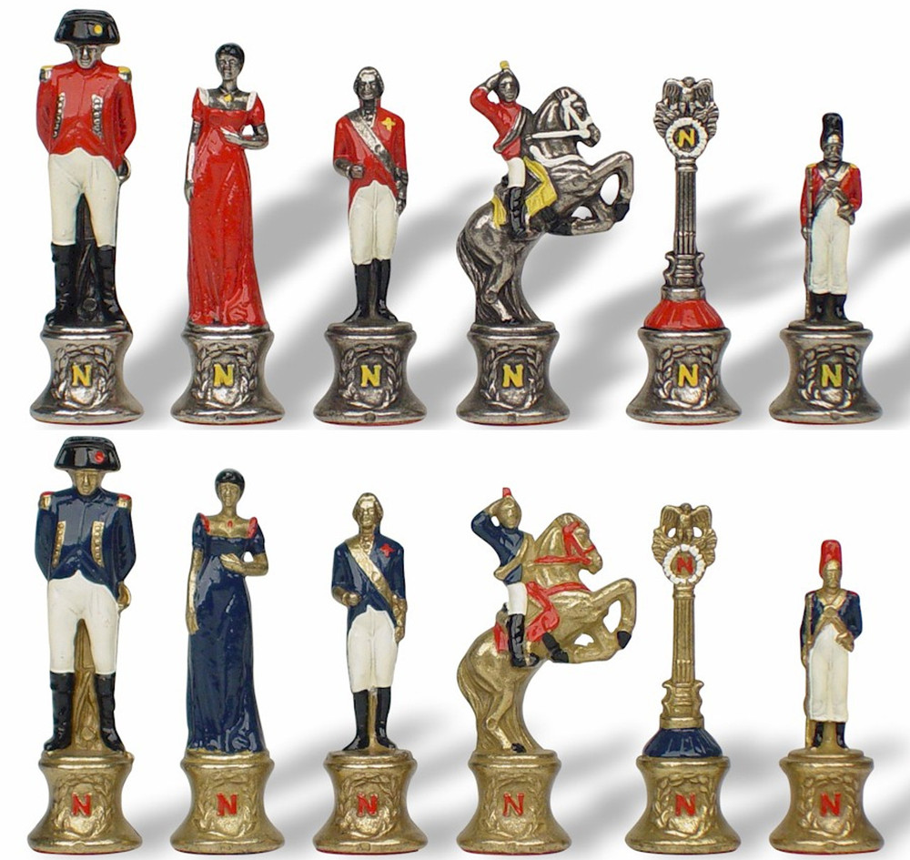 Napoleon Theme Chess Set Brass & Nickel Hand Painted Pieces