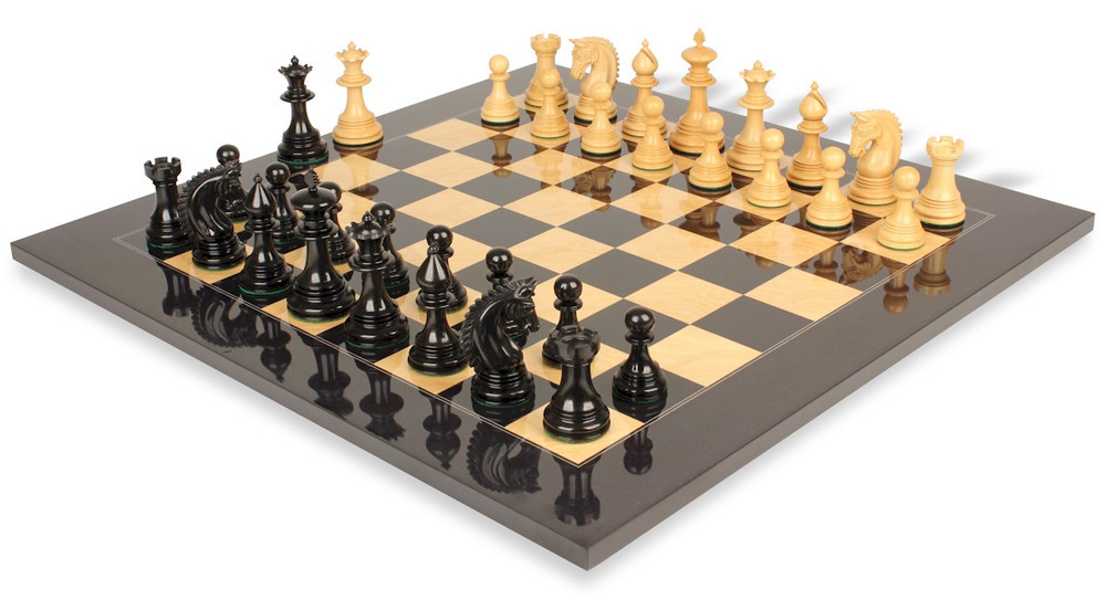 Patton Staunton Chess Set Ebony & Boxwood Pieces with Black & Ash Burl High Gloss Board - 4.25" King