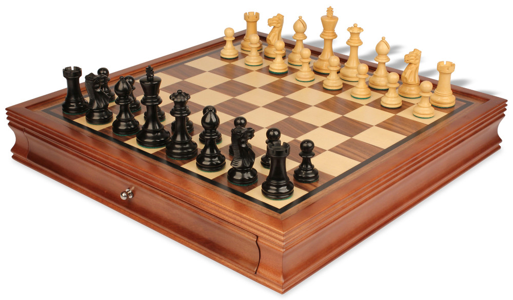 Parker Staunton Chess Set in Ebonized Boxwood with Walnut Chess Case - 3.75" King