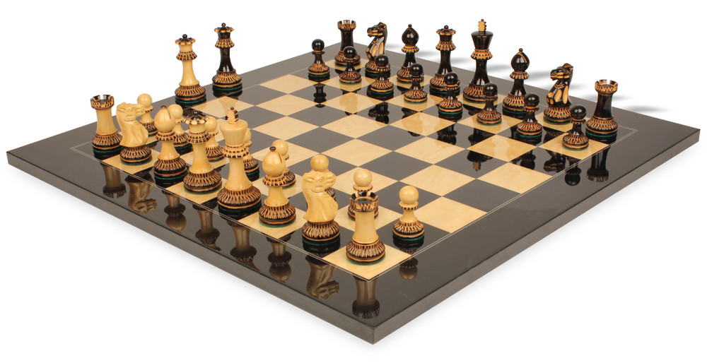 Parker Staunton Chess Set Burnt Boxwood Pieces with Black Ash Burl Chess Board - 3.75" King