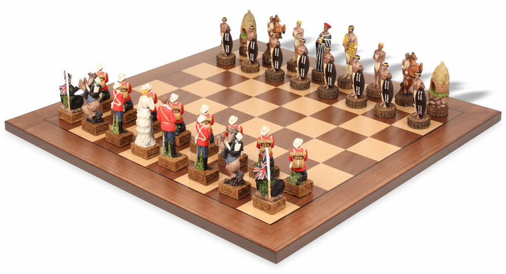 British & Zulu Theme Chess Set with Classic Walnut & Maple Chess Board British & Zulu Theme Chess Set with Classic Walnut & Maple Chess Board