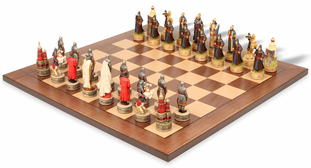 Russians & Mongols Theme Chess Set with Classic Walnut & Maple Chess Board Russians & Mongols Theme Chess Set with Classic Walnut & Maple Chess Board