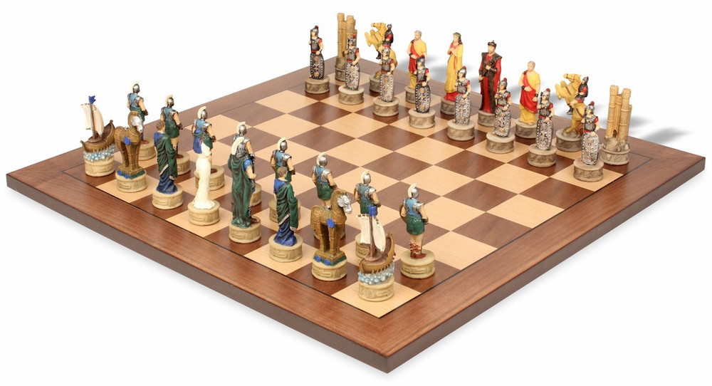 Battle of Troy Theme Chess Set with Classic Walnut & Maple Chess Board Battle of Troy Theme Chess Set with Classic Walnut & Maple Chess Board