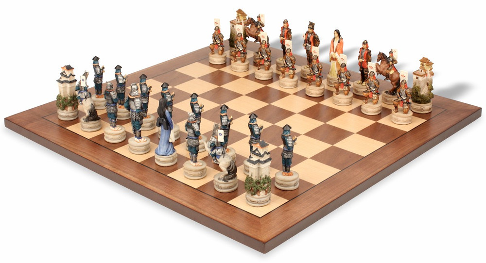 Japanese Samurai Theme Chess Set with Classic Walnut & Maple Chess Board Japanese Samurai Theme Chess Set with Classic Walnut & Maple Chess Board
