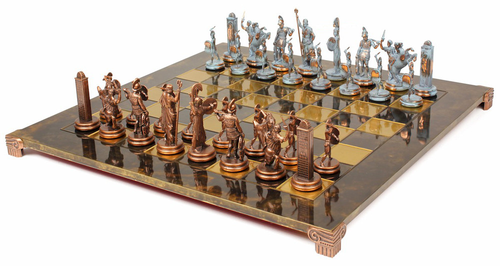 Poseidon Theme Chess Set Antiqued Blue Copper & Bronze Pieces - Brown Board
