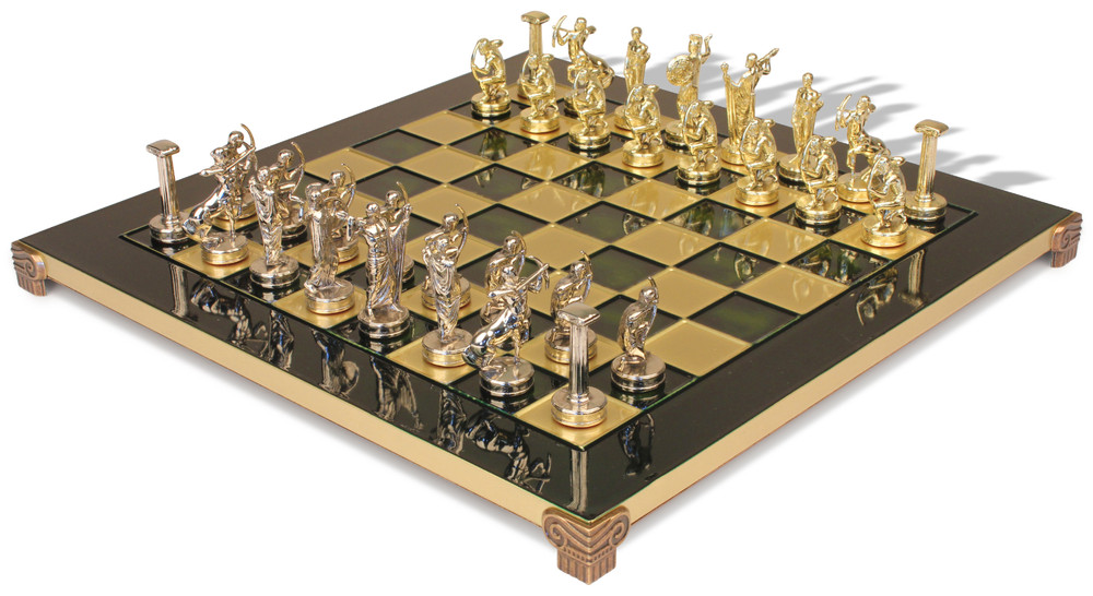 The Labors of Hercules Theme Chess Set with Brass & Nickel Pieces - Green Board