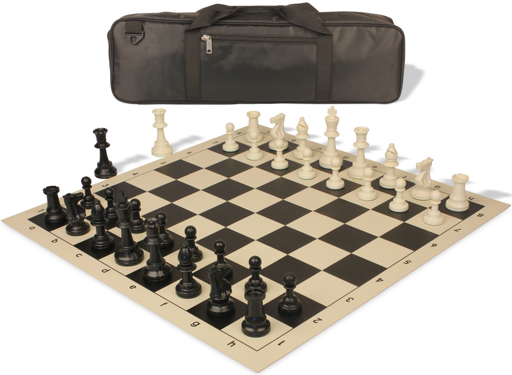 Standard Club Carry-All Plastic Chess Set Black & Ivory Pieces with Vinyl Rollup Board - Black