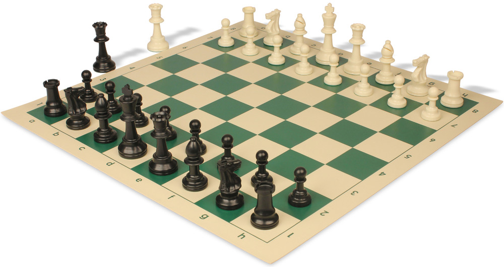 Standard Club Plastic Chess Set Black & Ivory Pieces with Vinyl Rollup Board - Green