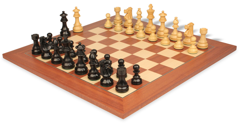 Deluxe Old Club Staunton Chess Set in Ebonized Boxwood & Boxwood with Mahogany & Maple Deluxe Chess Board - 3.25" King