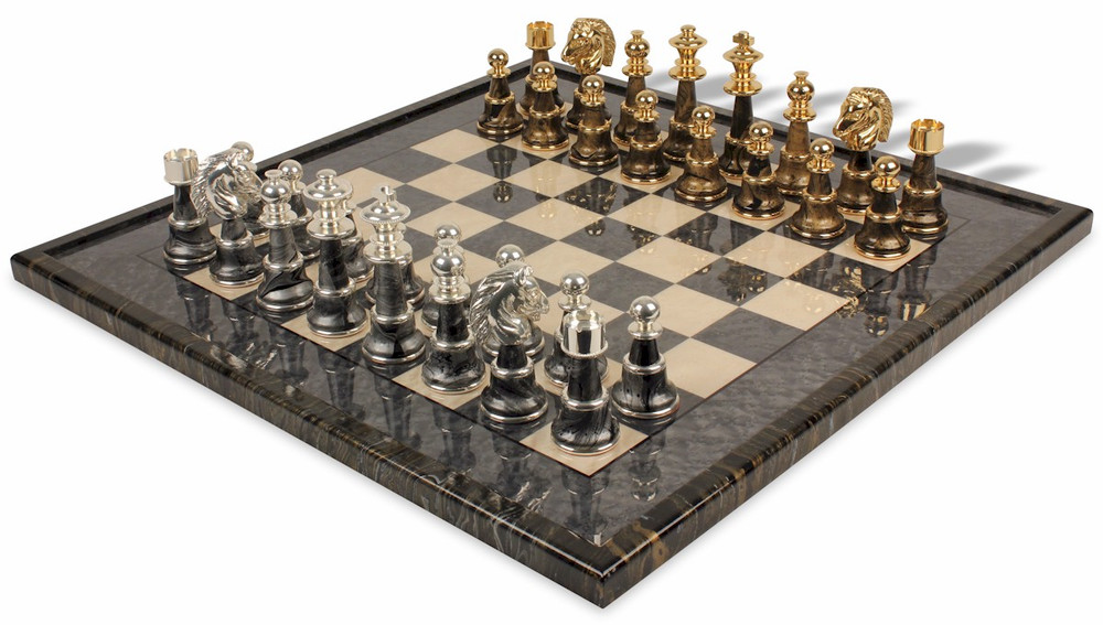 Large Classic Staunton Variegated Gold & Silver Chess Set with Gray & Variegated Framed Chess Board