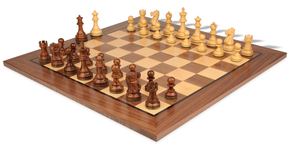 Deluxe Old Club Staunton set with golden rosewood and boxwood pieces on classic walnut board