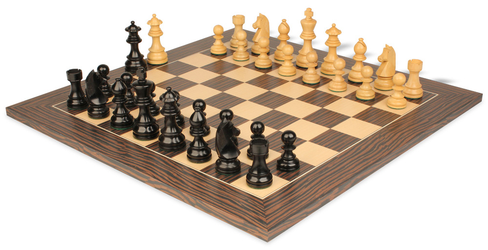 Staunton chess set ebonized boxwood pieces on deluxe tiger ebony and maple board 3.25 inch king