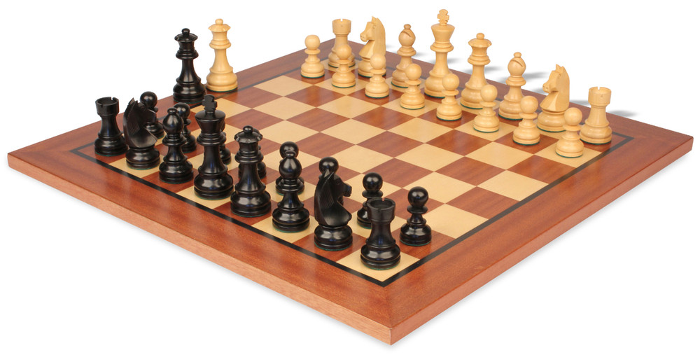 German Knight Staunton Chess Set Ebonized and Boxwood Pieces 2.75" King with Mahogany Chess Board