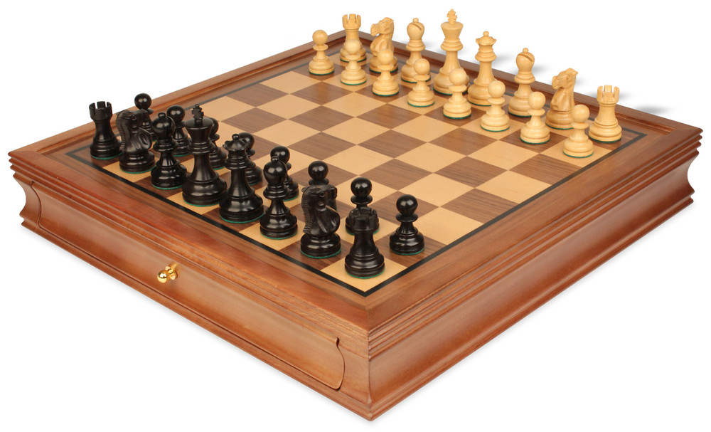 Deluxe Old Club Staunton Chess Set - Ebony & Boxwood Pieces - Walnut Two-Drawer Chess Case - 3.25" King
