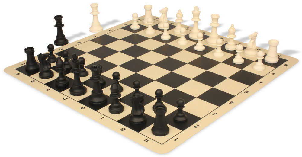 Club Special Silicone Chess Set Black & Ivory Pieces with Black & Buff Silicone Board - 3.5" King