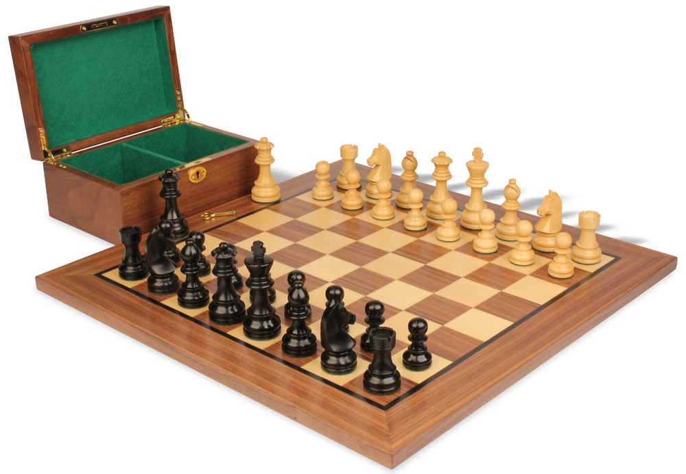 German Knight Staunton Chess Set Ebonized and Natural Boxwood Pieces with Walnut Chess Board and Box 3.75" King