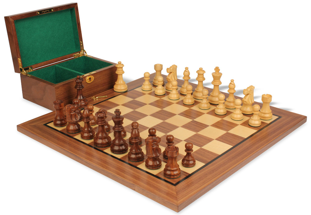 French Lardy Staunton Chess Set Golden Rosewood & Boxwood Pieces with Classic Walnut Board & Box - 2.75" King
