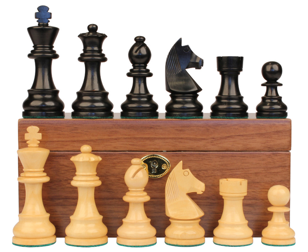 German Staunton Chess Set Ebonized and Boxwood Pieces with Walnut Chess Box 2.75" King  German Staunton Chess Set Ebonized and Boxwood Pieces with Walnut Chess Box 2.75" King